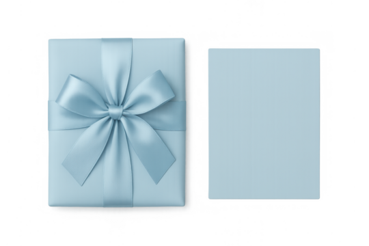 Light blue gift box with satin ribbon bow and accompanying blank card, top view for celebrations and events