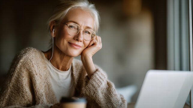 An elderly woman using laptop and smartphone - Powered by Adobe