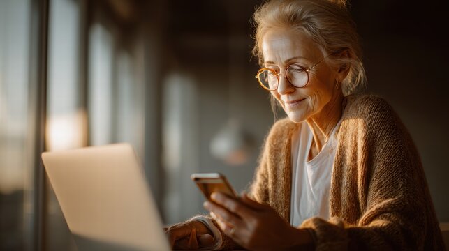 An elderly woman using laptop and smartphone - Powered by Adobe