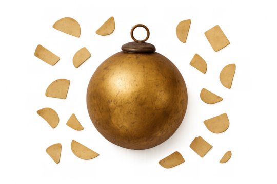 Golden christmas bauble shattering into fragments, representing concepts of ending, reconstruction, and festive transition