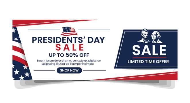 Presidents' Day Sale Banner: Captivating Presidents' Day Sale banner with iconic imagery of the American flag and historic figures, perfect for advertising and promotions.