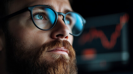 Intense gaze of a bearded man in glasses, eyes reflecting a screen displaying fluctuating data in the dark. Focus and concentration shine through his expression.