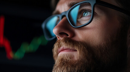 Close-up of a focused man with a beard, wearing glasses, gazing intently at a screen displaying a fluctuating graph of red and green lines against a dark backdrop.