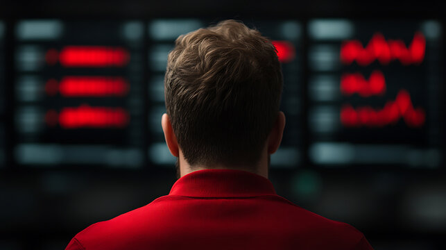 A focused individual in a red shirt intently observes screens displaying market data. The individual is closely monitoring financial trends and analyzing figures displayed on the monitors.