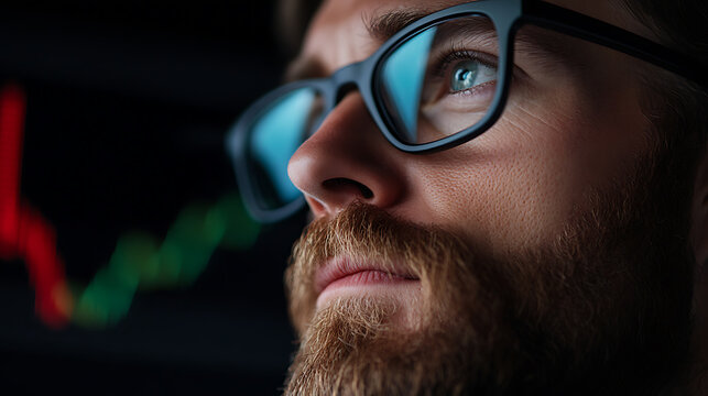 Close-up of a focused man with a beard, wearing glasses, gazing intently at a screen displaying a fluctuating graph of red and green lines against a dark backdrop. - Powered by Adobe