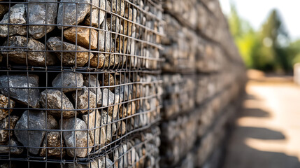 Stone-filled wire mesh fence in a natural setting. Focus on rocks and wire, creating a rugged yet modern boundary. Blurred trees in the backdrop add natural color.