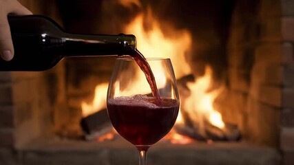 A seamless cinemagraph loop of red wine being poured into a glass by a cozy, burning fireplace. This warm, relaxing, and romantic scene is perfect for winter or celebrations. - Powered by Adobe