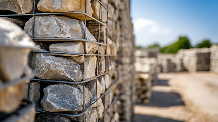 Stone wall built with grey rocks held together by metal wire, creating a rugged and durable structure, ideal for landscape design and erosion control under blue skies.