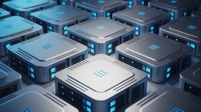 Modern server array with blue lights for data storage and processing in a futuristic design