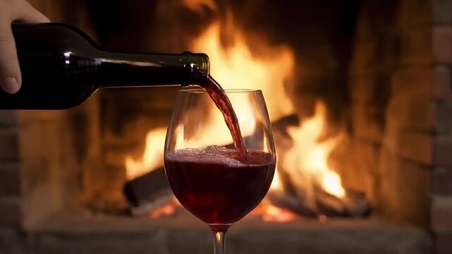 A seamless cinemagraph loop of red wine being poured into a glass by a cozy, burning fireplace. This warm, relaxing, and romantic scene is perfect for winter or celebrations.