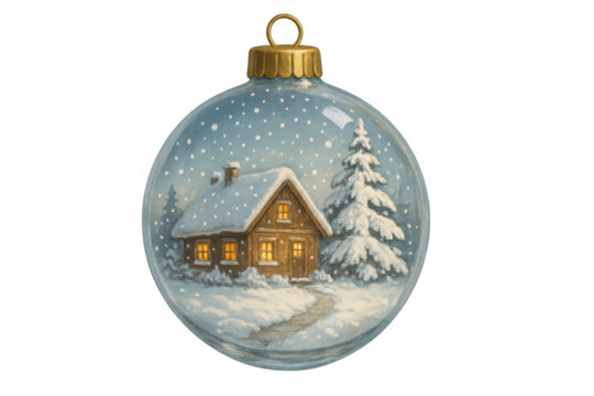 Christmas ornament showing cozy winter cabin scene with falling snow and pine tree, holiday season decoration