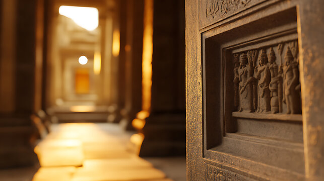Corridor with stone pillars and carved walls, lit by natural light. A doorway with detailed carvings stands out, inviting exploration through the mysterious passage.