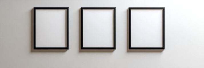 Three black frames hang symmetrically on a minimalist white wall, offering a modern, gallery-like display. The blank canvases invite personalization and creativity.