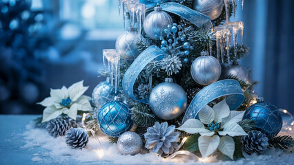 A New Years composition with Christmas tree decorations and garlands, creating a festive mood. The composition contains decorative elements such as twigs, cones and poinsettia flowers, which adds comf