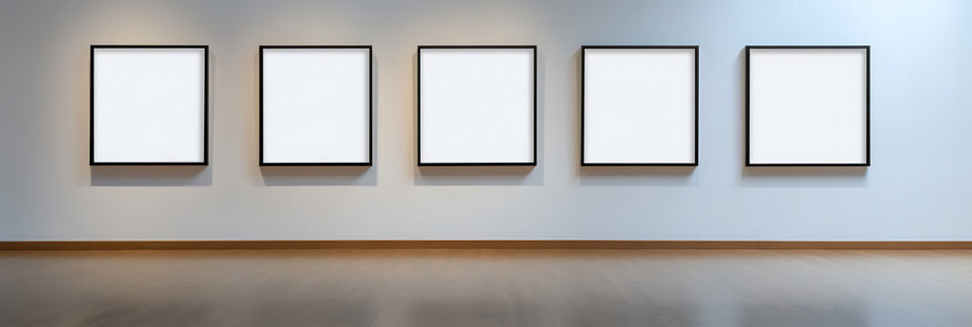 Five black-framed white canvases hang on a light blue wall above a light brown baseboard. The floor is light brown with some light reflection. Great for a gallery or museum setting.