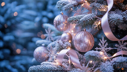 A New Years composition with Christmas tree decorations and garlands, creating a festive mood. The composition contains decorative elements such as twigs, cones and poinsettia flowers, which adds comf