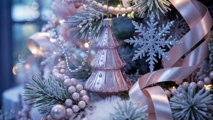 A New Years composition with Christmas tree decorations and garlands, creating a festive mood. The composition contains decorative elements such as twigs, cones and poinsettia flowers, which adds comf