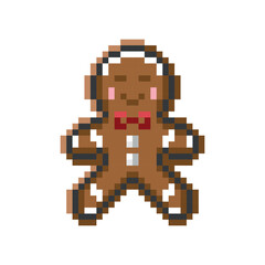 Gingerbread man pixel art. Pixel art gingerbread man icon with bow tie. Cute Christmas cookie sprite, festive holiday ui asset, volume and glaze details