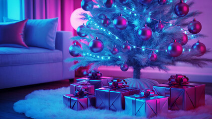 A New Years composition with Christmas tree decorations and garlands, creating a festive mood. The composition contains decorative elements such as twigs, cones and poinsettia flowers, which adds comf