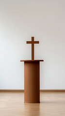 Naklejka premium Simple wooden cross on podium, standing alone in bright church setting. The unadorned space evokes peace, reflection and spiritual contemplation in minimalist style.