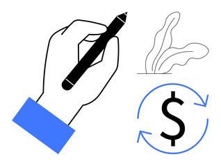 Hand drawing with black pen beside a money symbol in circular motion and simple plant illustration. Ideal for creativity, finance, eco concepts, growth, sustainability, art, and productivity simple