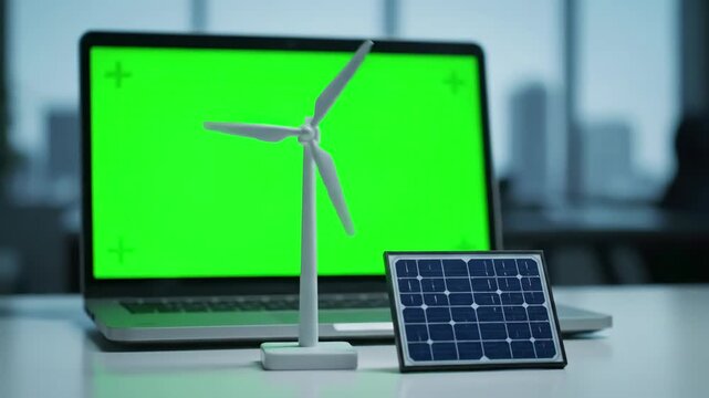 Green Screen close up of laptop and wind turbine on the table next to solar cell at office scene 3 with distortion, overlay, glitch, static noise, scan lines black background, 4k animated video loop