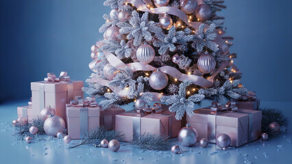 A New Years composition with Christmas tree decorations and garlands, creating a festive mood. The composition contains decorative elements such as twigs, cones and poinsettia flowers, which adds comf