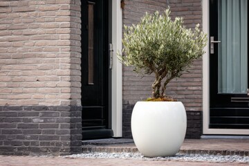 An olive tree is elegantly situated in a contemporary white pot, positioned outside a chic front door of a charming brick house nestled in a serene neighborhood