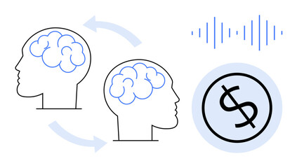 Two heads with interconnected arrows, labeled brains, soundwaves, and a dollar icon. Ideal for innovation, teamwork, creativity, communication, knowledge sharing financial planning simple flat