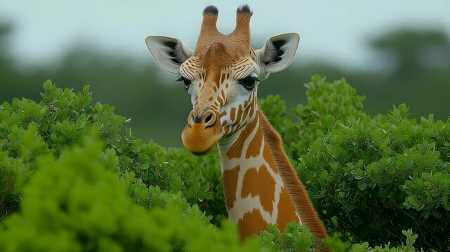 Giraffe Amidst Foliage: A majestic giraffe peers out from verdant foliage, its distinctive patterned coat and long neck a testament to the wonders of the wild. 