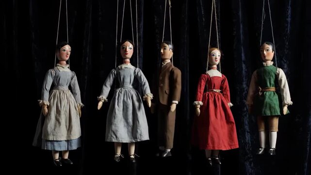Vintage puppet figures suspended against dark background for conceptual imagery