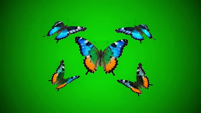 Green Screen colorful butterflies flying with wings flapping on background scene 3 distortion, overlay, glitch, static noise, scan lines black background, 4k animated video loop