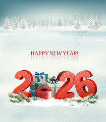 Holiday Happy Christmas and New Year background with 2026 and gift boxes. Vector.