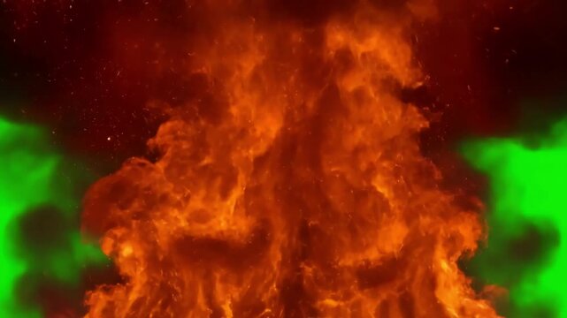Green Screen 4k animation of an massive explosion on black and or chroma key background close up view fire alpha matte is included scene 3 with distortion, overlay, glitch, static noise, scan lines