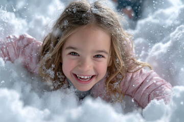 Child playing joyfully in soft snow during winter afternoon outdoors