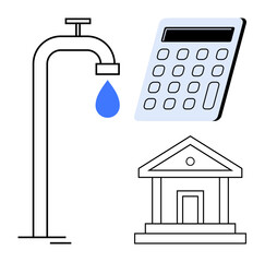 Faucet with water drop, calculator, and bank building symbolize financial management, budgeting, and resource allocation. Ideal for economy, savings, sustainability, education planning investment