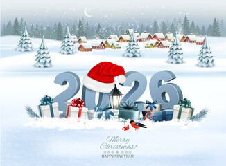 Holiday Christmas and Happy New Year background with a winter village and 2026. Vector.