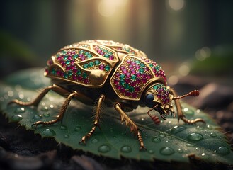 Naklejka premium A Beetle with a Shell Made of Gold and Gemstones