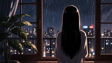 A woman gazes out a window at a rainy cityscape, a plant sits nearby - Powered by Adobe