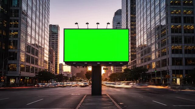 Green Screen modern billboard with a for advertising on busy crossroad street traffic and skyscrapers timelapse of at sunset loop video scene 3 distortion, overlay, glitch, static noise, scan lines