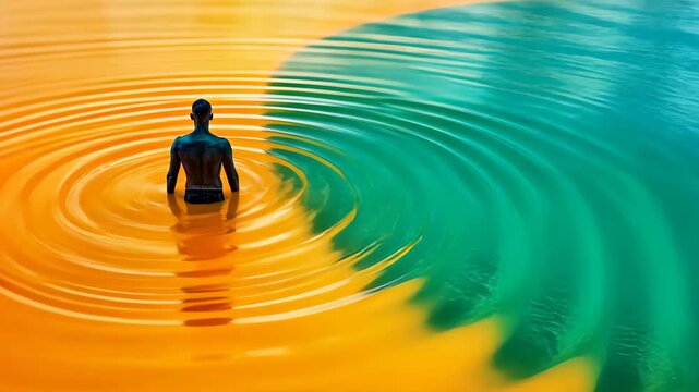 Harmony of Opposites: A figure stands amidst swirling waters, where two vibrant hues converge, representing balance and duality in a moment of contemplation.