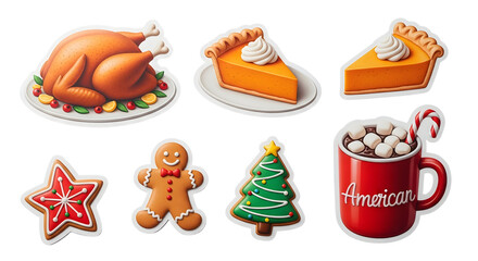 Thanksgiving and christmas holiday food icons on transparent background