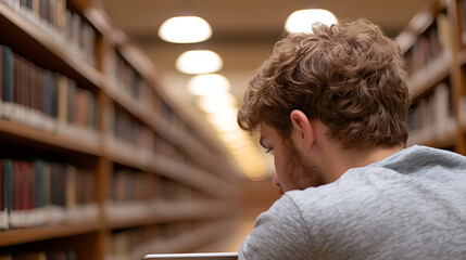 A student immersed in study, back view captures focus amidst towering bookshelves in a library, lights shine above, highlighting the dedication to learning.