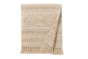 Beige throw blanket with geometric jacquard pattern and fringe