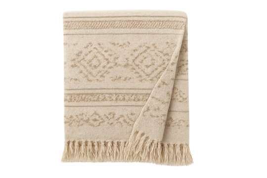 Beige throw blanket with geometric jacquard pattern and fringe