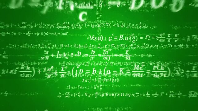 Green Screen camera flies through math formulas on background calculations functions equations matrix made up of abstract cognitive process concept seamless loop greenscreen chromakey scene 3 with