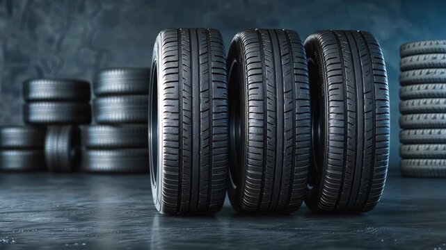 Tyre display: A detailed shot showcasing three new car tyres arranged in the foreground. Stacks of additional tyres subtly sit in the background.
