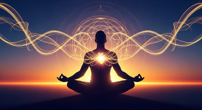 Person meditating with energy flowing from heart chakra