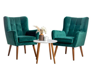 Two armchairs and table   isolated on transparent background. 