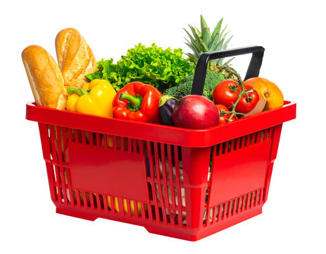 Plastic shopping basket with vegetables isolated on transparent background. 
